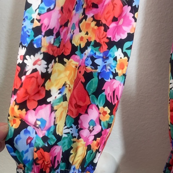 Floral V Neck Long Puff Sleeve Boho Peasant Ruffle Mini Dress Size Small Hippie - Picture 6 of 9